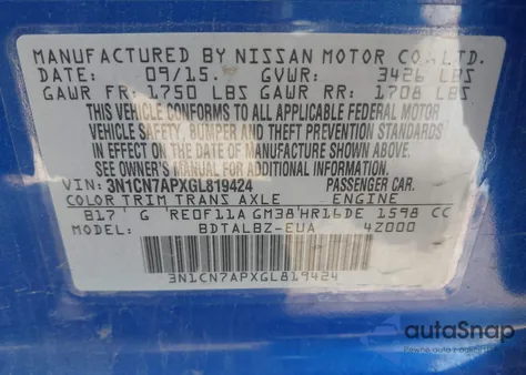 2016 Nissan Versa 1.6 S/1.6 S+/1.6 Sl/1.6 Sv from USA, damaged, VIN 3N1CN7APXGL819424